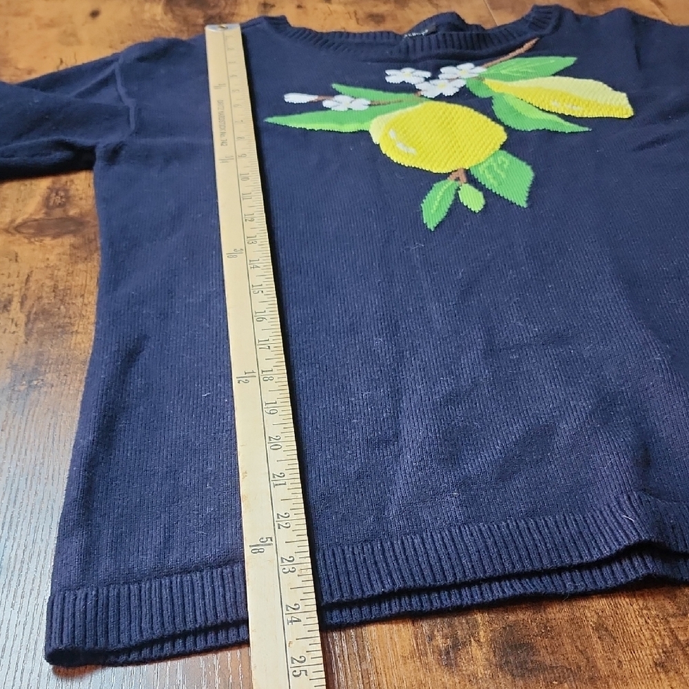 TALBOTS | Navy Fresh Lemon Intarsia Cotton Blend Preppy Pullover Sweater | M - Picture 8 of 9